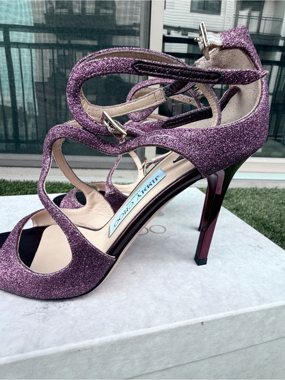 Jimmy Choo Purple Glitter Strappy High Heels